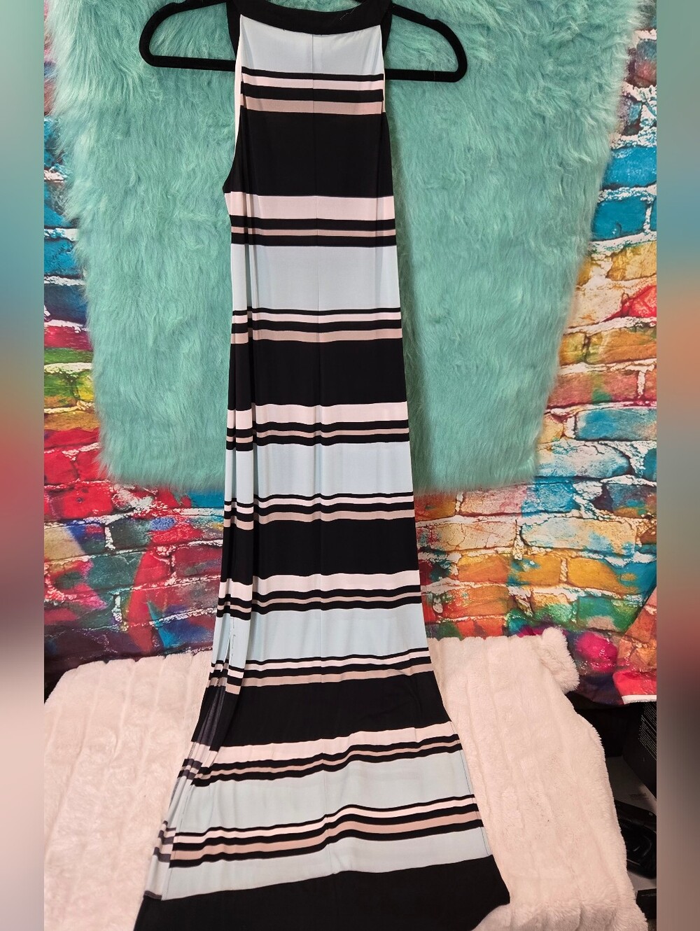 Chaps Blue Tan White Black Striped Halter Maxi Dress Size XS/TP - Picture 2 of 14
